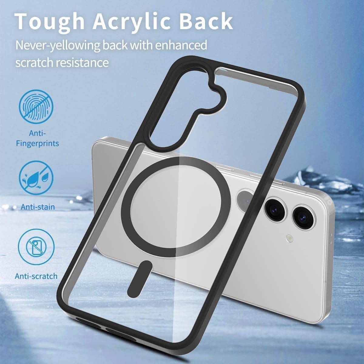 Grabist Phone Case For Samsung Galaxy S25 FE, Crystal Clear Case Not Yellowing, Compatible with MagSafe, Shockproof Transparent Back Cover with Colored Frame (Gray) (٢)