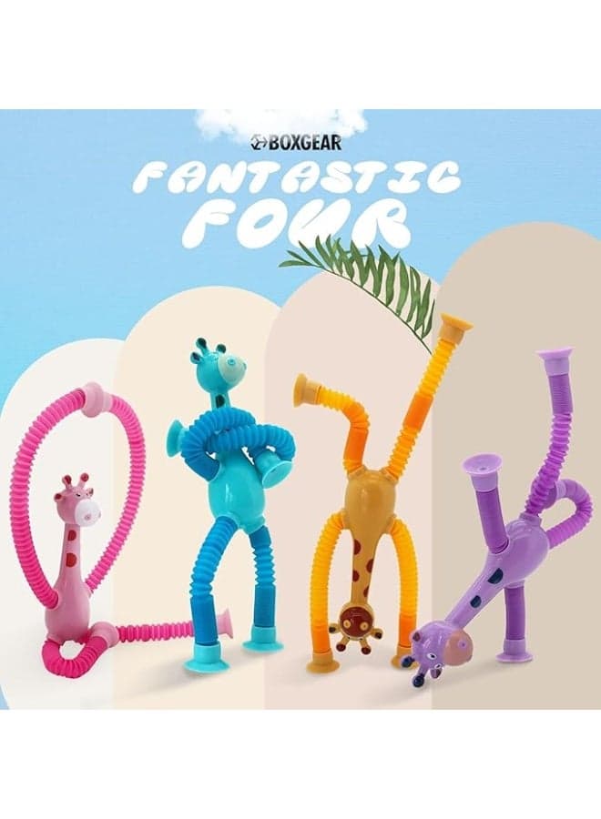 Giraffe Pieces LED Telescopic Suction Cup Giraffe Toy, Shape Changing Telescopic Tube Fidget Toys, Pop Tubes, Fidget Tubes Sensory Toys for Girls Boys Baby Gift (Set of 4) Squishy Toys (٦)