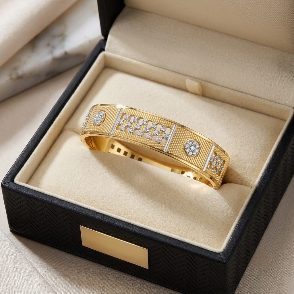 A luxurious bracelet in elegant gold, featuring intricate geometric patterns and adorned with sparkling zircon stones. A design that adds a touch of glamour to your look. Women's Bangles (٥)