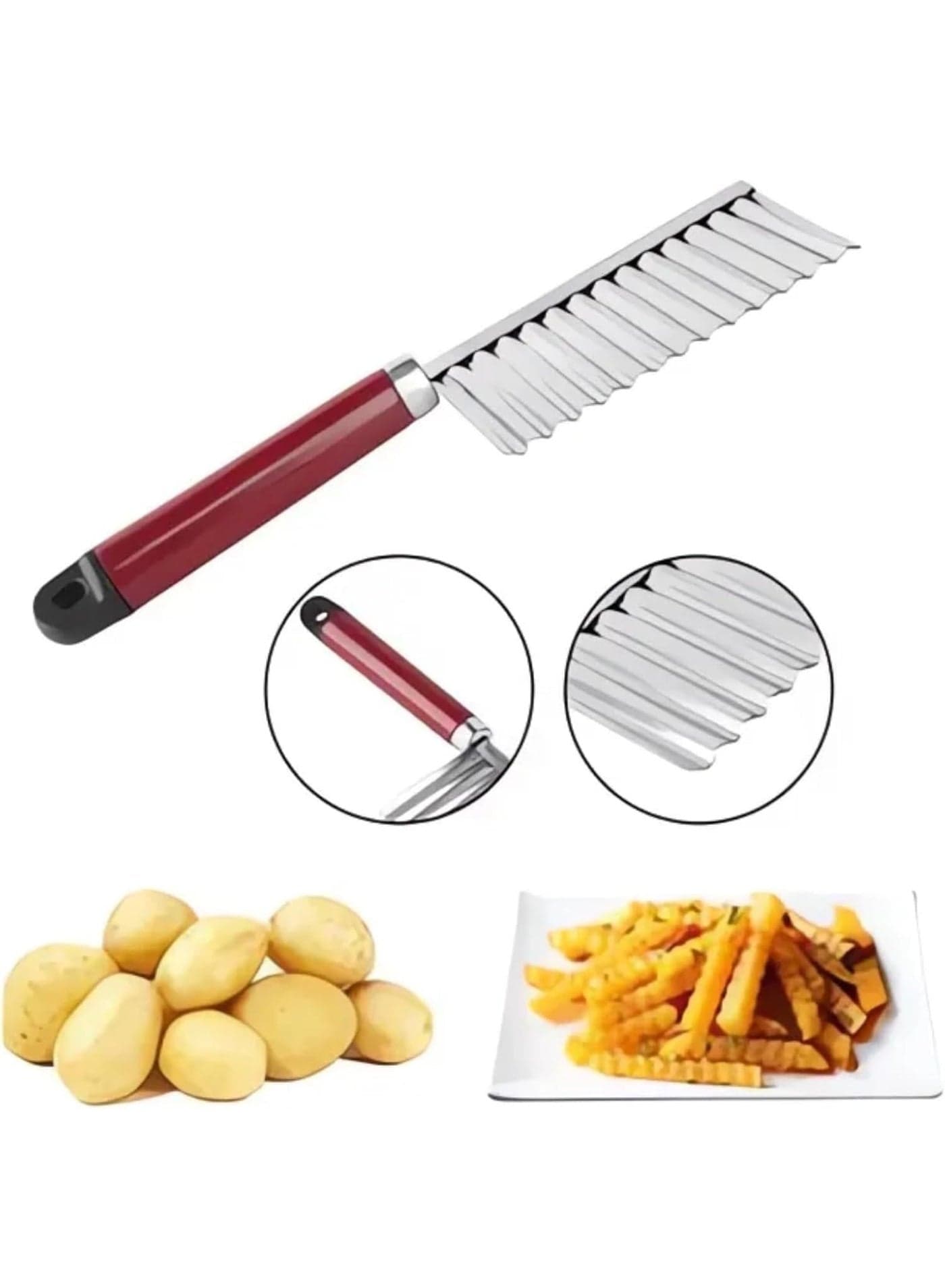 Wavy Blade French Fry Cutter – Crinkle Cut Potato Slicer and Vegetable Chopper Knife for Carrots, Cucumbers & Veggies – Stainless Steel Kitchen Cutting Tool