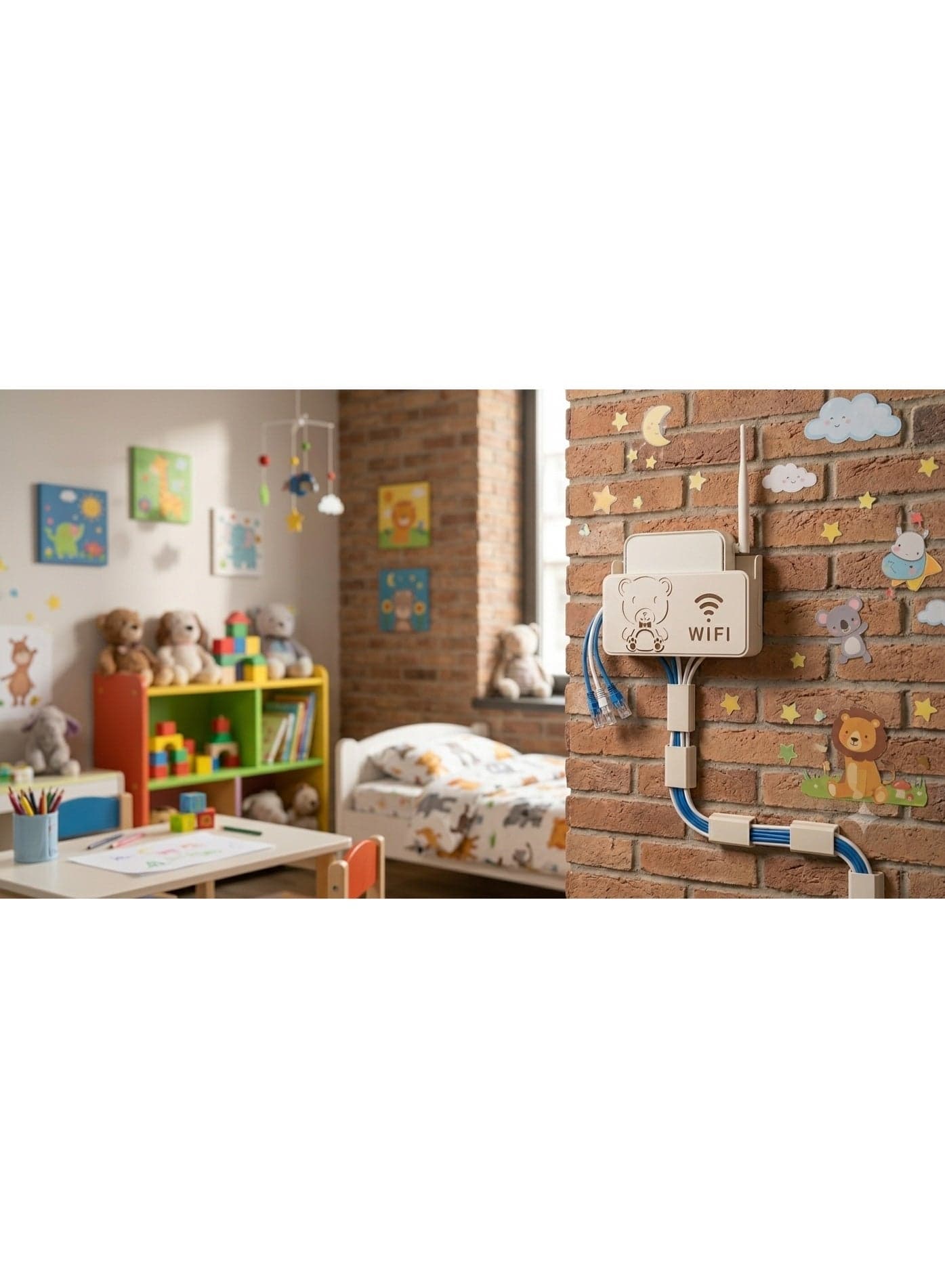 Wall Mount Router Holder with Cute Bear Silhouette & WiFi Logo - Damage-Free Wall Mounted Bracket - Perfect for Home Office & Desk Storage - Off-White Cord Organizers (٤)