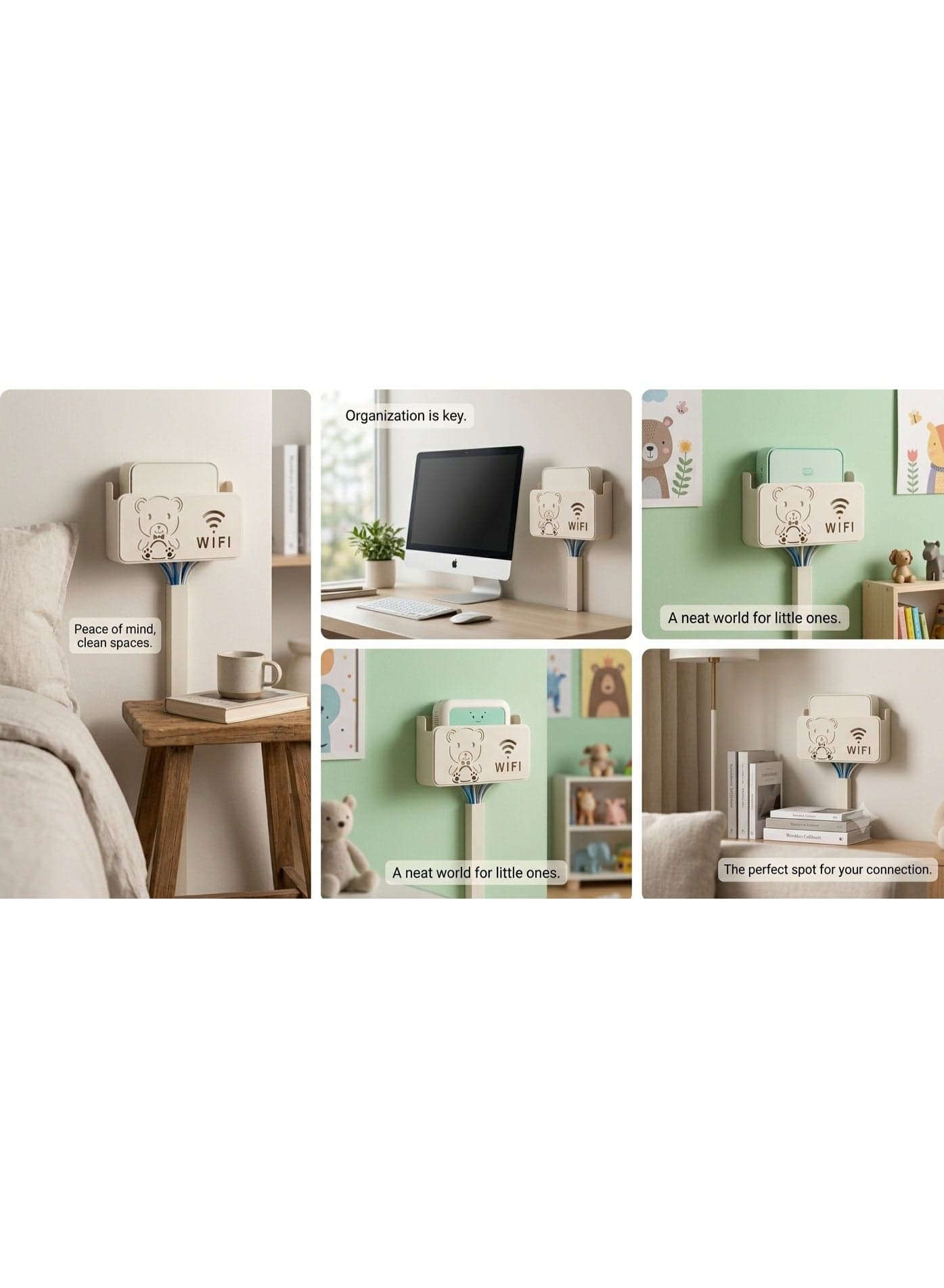 Wall Mount Router Holder with Cute Bear Silhouette & WiFi Logo - Damage-Free Wall Mounted Bracket - Perfect for Home Office & Desk Storage - Off-White Cord Organizers (٧)