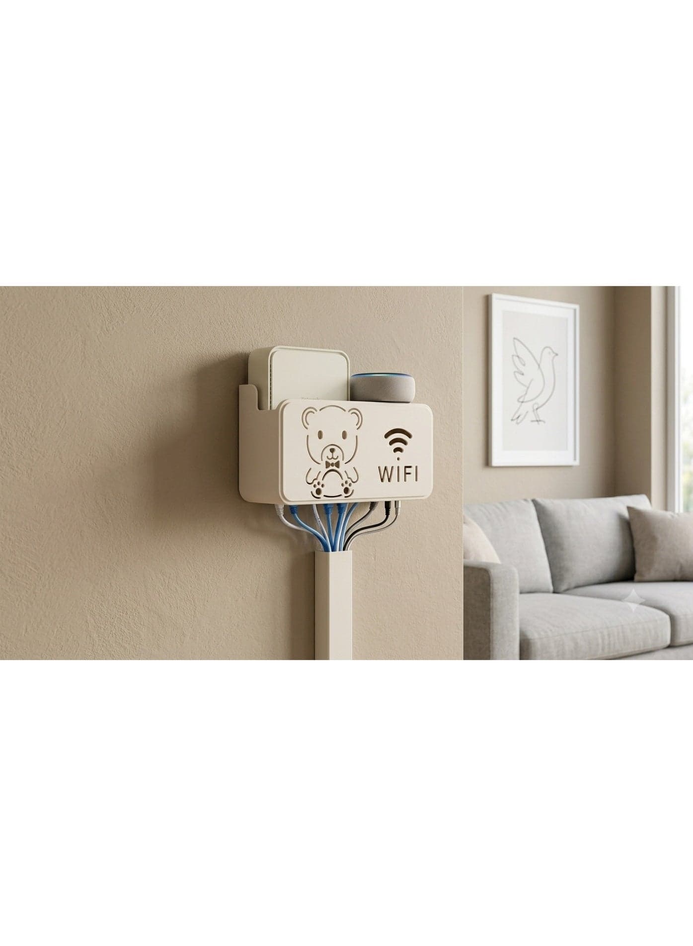 Wall Mount Router Holder with Cute Bear Silhouette & WiFi Logo - Damage-Free Wall Mounted Bracket - Perfect for Home Office & Desk Storage - Off-White Cord Organizers (٦)