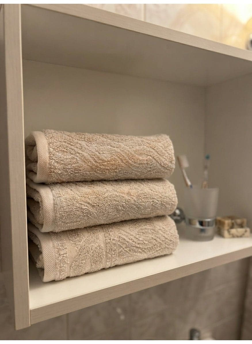 Set of 3 Premium Cotton Hand & Face Towels with Embossed Jacquard Pattern, Off-White / Beige