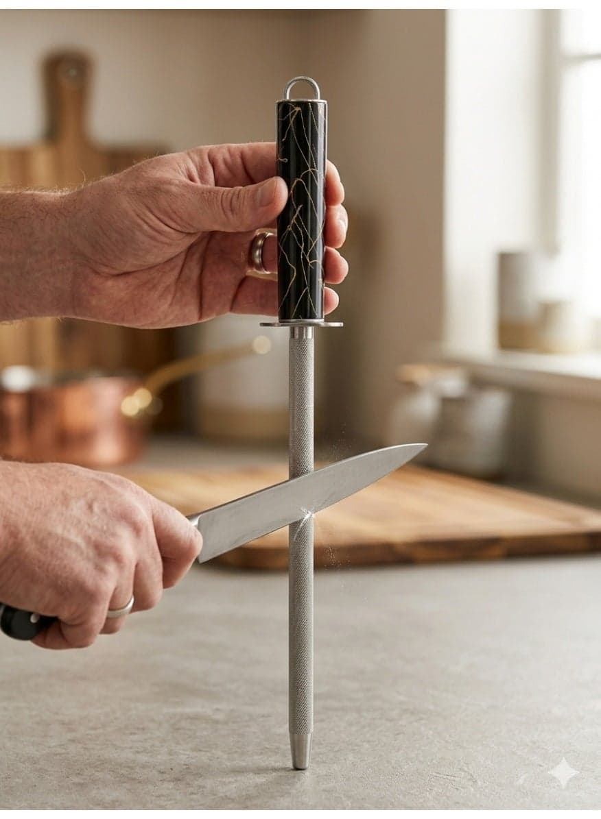 Premium Stainless Steel Knife Sharpening Rod - Kitchen Honing Steel with Black & Gold Marble Handle and Hanging Loop Cutlery Accessories (٣)