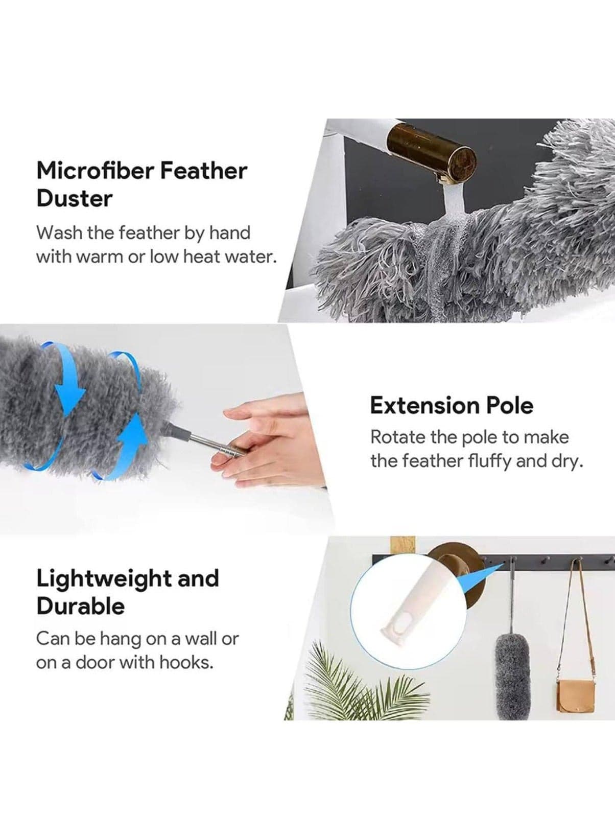 Telescopic Feather Duster – Stainless Steel Extendable Handle with Washable & Bendable Microfiber Head Perfect for cleaning high ceiling fans, curtains, cobwebs, and cars easily — no ladder needed. (Available in multiple colors) (٤)