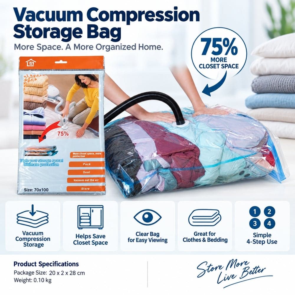 Vacuum Storage Bag for Clothes and Bedding Reusable 70 × 100 cm - 1-22 Closet Systems (٤)