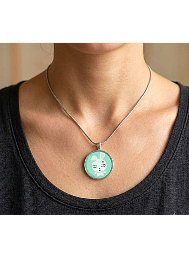 Silver Pendant Necklace with a Round Mint Green Cartoon Bunny Design Women's Necklaces