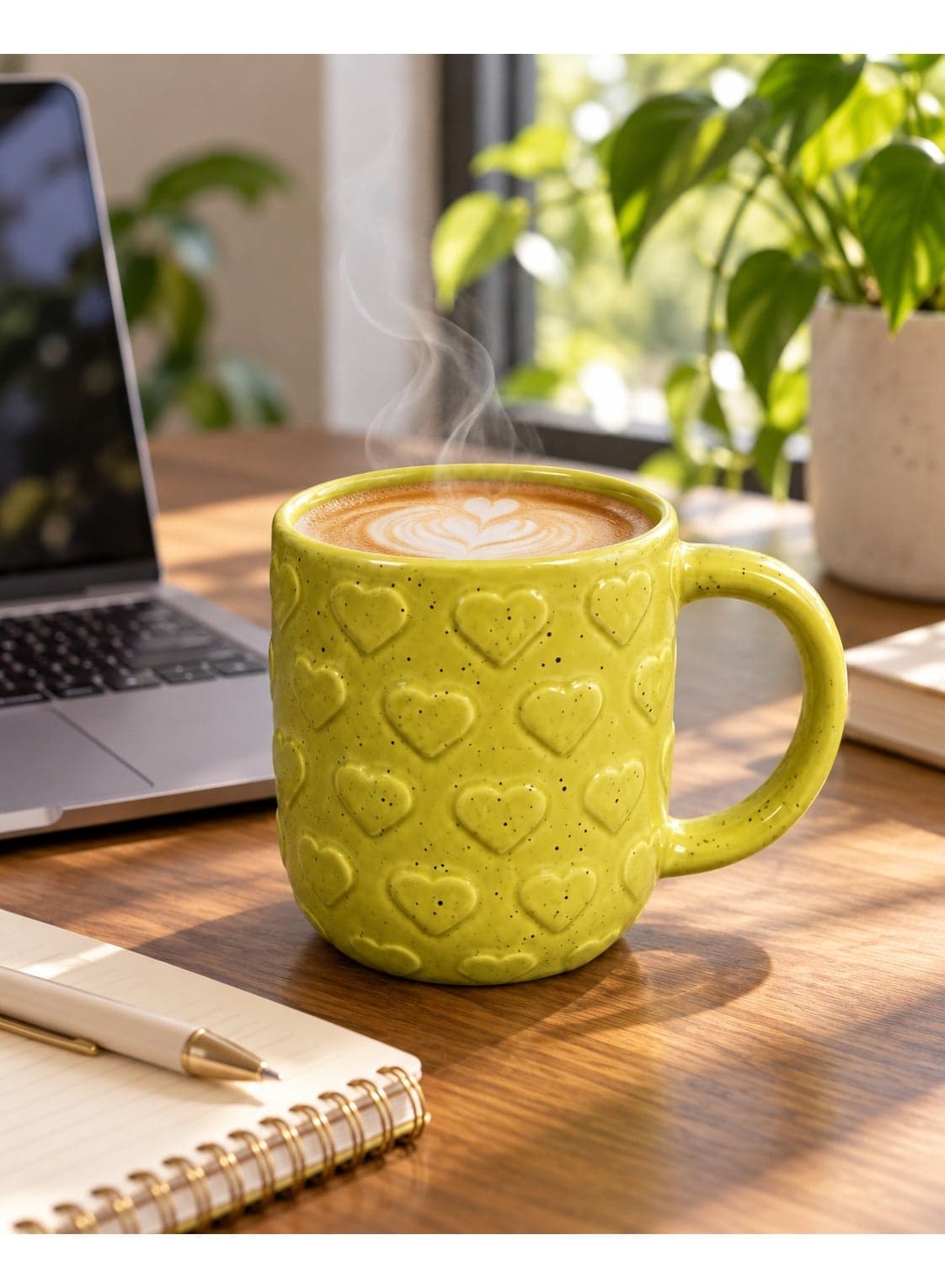 Lime Green Porcelain Coffee Mug with Embossed Heart Pattern and Speckled Finish, Elegant Tea and Cappuccino Cup with Curved Handle for Home and Office – 1 Piece (٥)