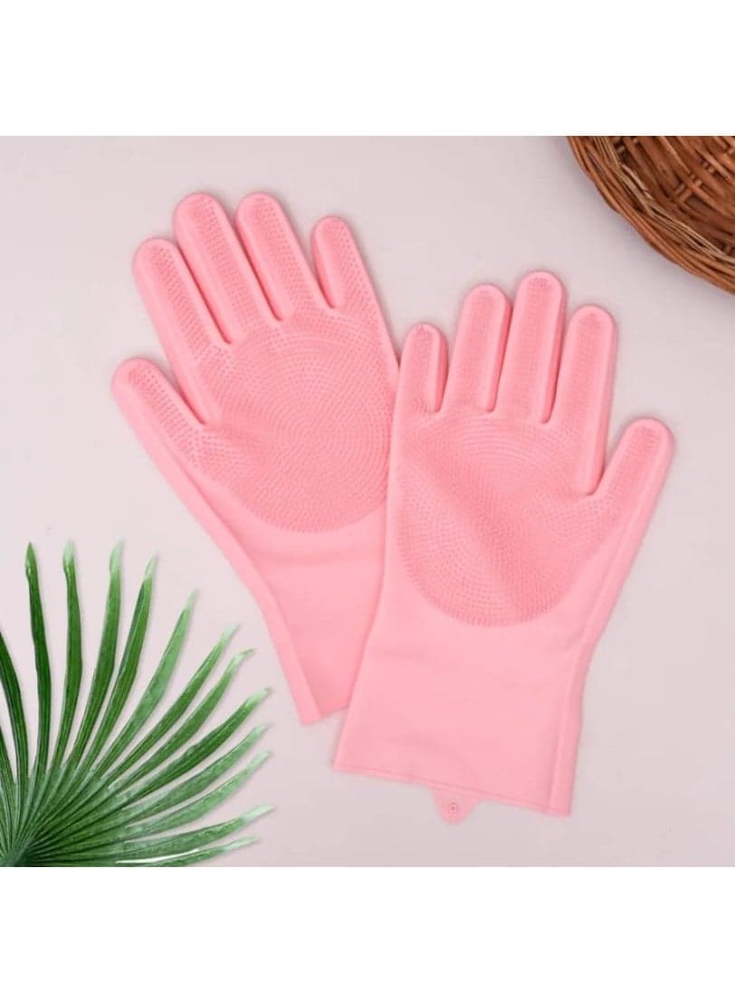 Magic Silicone Dishwashing Glove Reusable Cleaning Glove One Size with Built In Scrubbing Bristles for Dish Washing Kitchen Bathroom Household Cleaning Pet Care and Car Washing Safety & Security Gloves (٢)