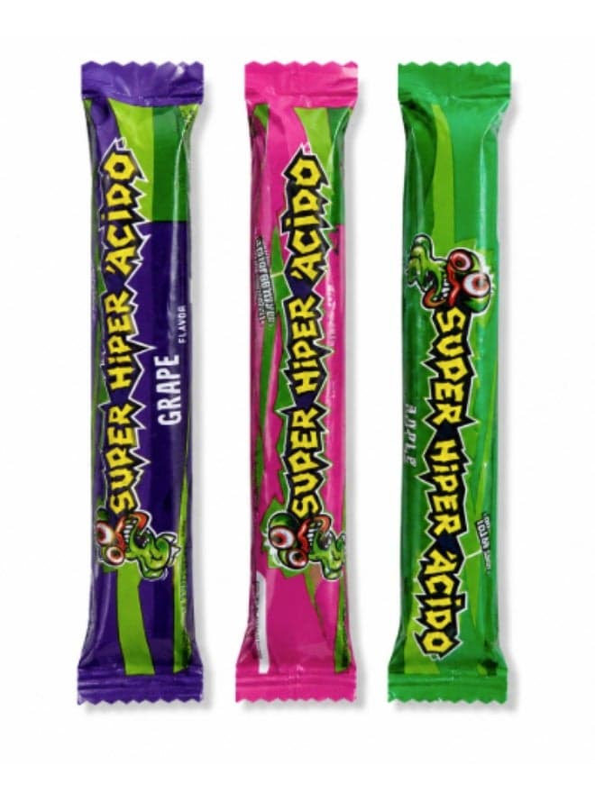 Super Hyper Acido Stick sour gum available in apple, berry, and tutti-frutti flavors. Chewing Gum