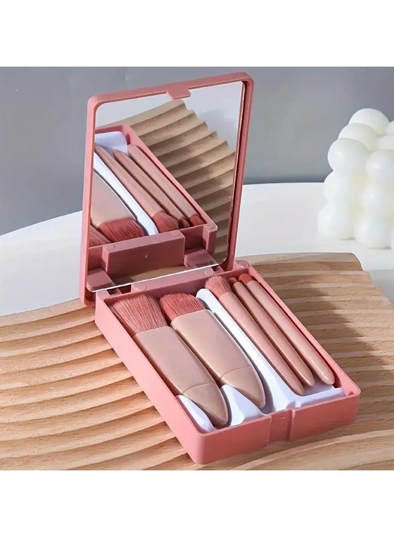 Mini Travel Makeup Brush Set With Mirror - Portable Cosmetic Kit For All Skin Types - Includes Powder Brush, Foundation Brush, Eyeshadow Brush, Lip Blending Brush - Unscented, Nylon Bristles, ABS Handle Face Brushes