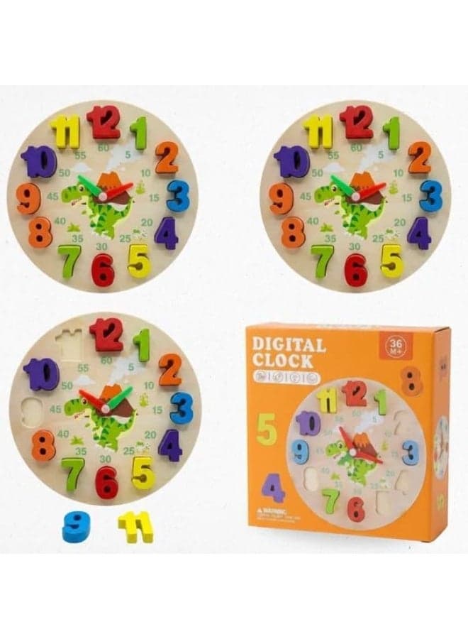 Wooden Watch Educational Toy Colorful Numbers Dinosaur, Ages 36 Months and Above,Diameter 17cm