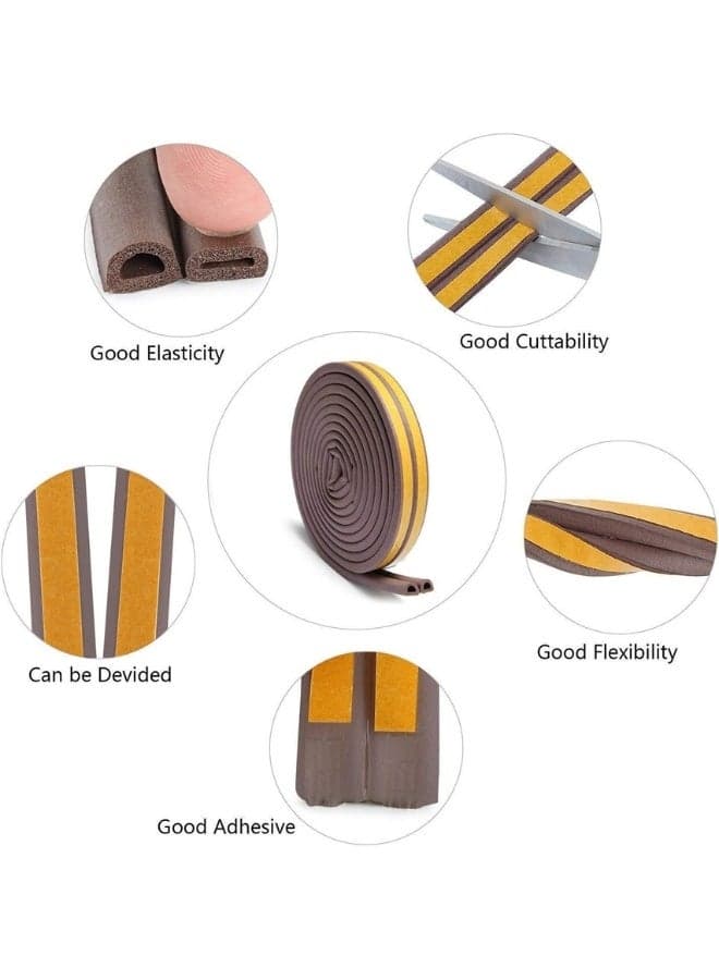 Weather Stripping for Doors and Windows, Weather Stripping for Front Window Frame Made of Foam and Rubber Adhesive Soundproof Waterproof Dustproof Anti-collision D-Shape (1 Roll of 2 Strips, Total Length 3 Meters - Brown) Adhesive Transfer Tapes (5)
