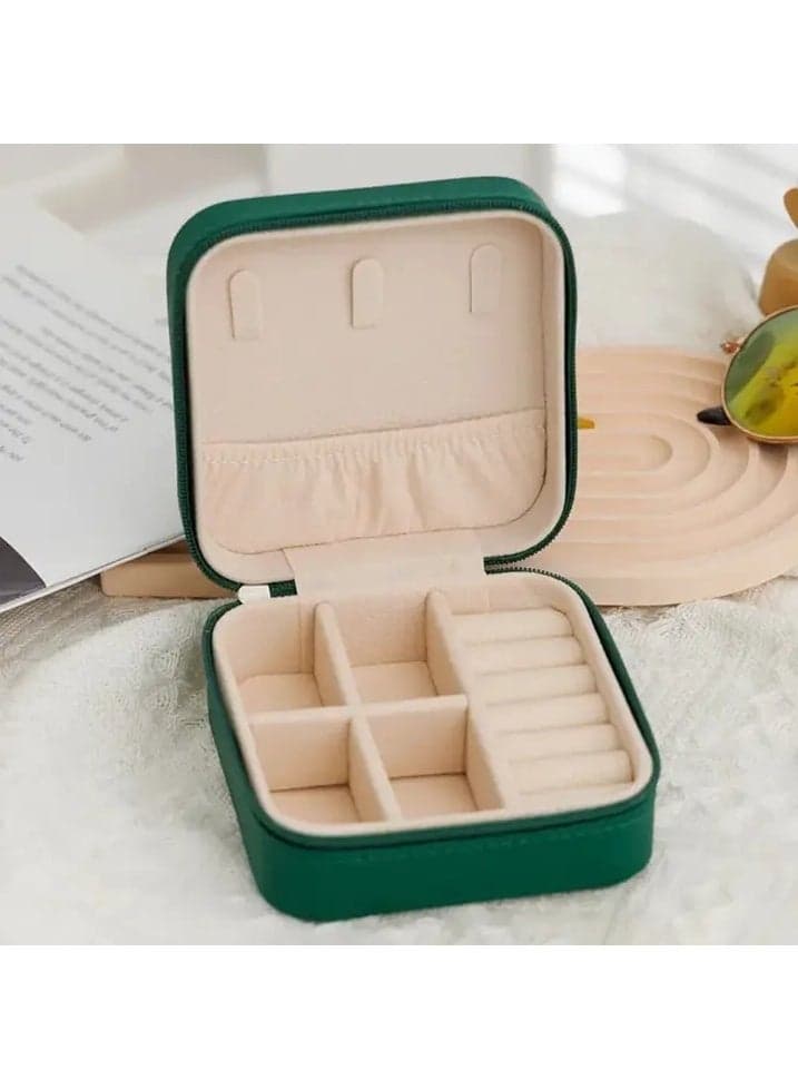 Portable Pocket Leather Jewelry and Accessories Organizer Box for Travel - Small Zippered Jewelry Case for Rings, Earrings, Necklaces, Chains, and Bracelets; Makeup and Jewelry Organizer; Velvet Leather; Protective and Water Resistant - green Jewellery Boxes
