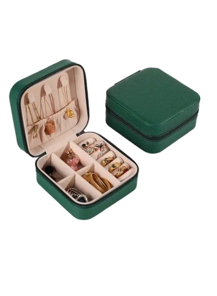 Portable Pocket Leather Jewelry and Accessories Organizer Box for Travel - Small Zippered Jewelry Case for Rings, Earrings, Necklaces, Chains, and Bracelets; Makeup and Jewelry Organizer; Velvet Leather; Protective and Water Resistant - green Jewellery Boxes (٢)