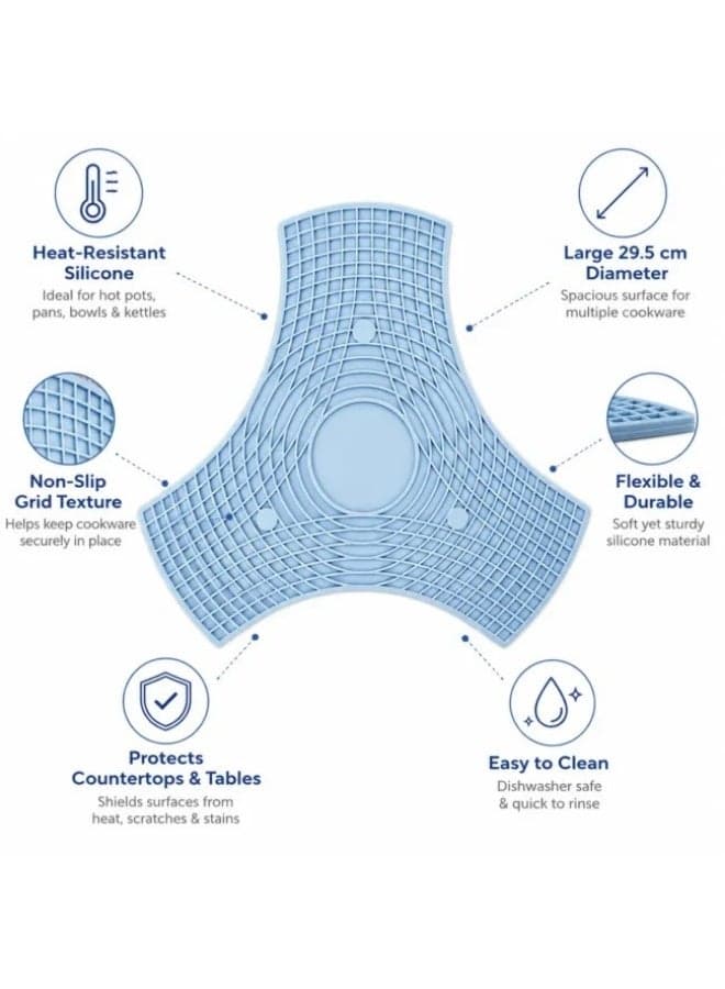 Silicone Trivet Mat 29.5 cm, Heat Resistant Non-Slip Pot Holder for Hot Pots, Pans, Baking Dishes, Countertop & Table Protection Blue (3)