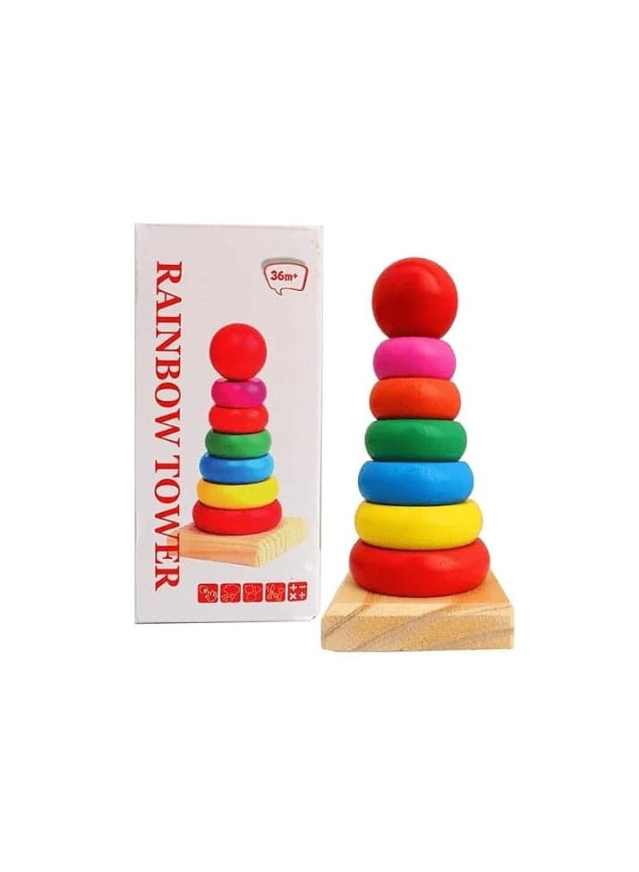 Wooden Rainbow Tower Stacking Ring Toy for Building and Early Learning - Medium | 36+ Months Shape Sorters