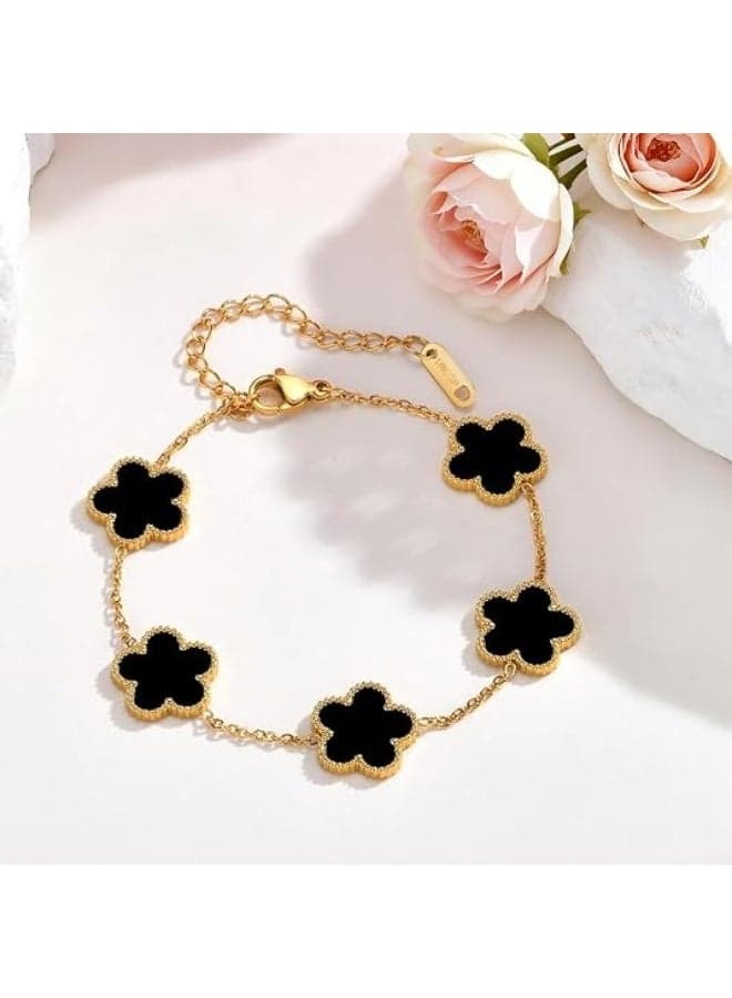 Gold Plated Stainless Steel Bracelet with Five Clover Motifs Women's Bracelets & Bangles (٢)