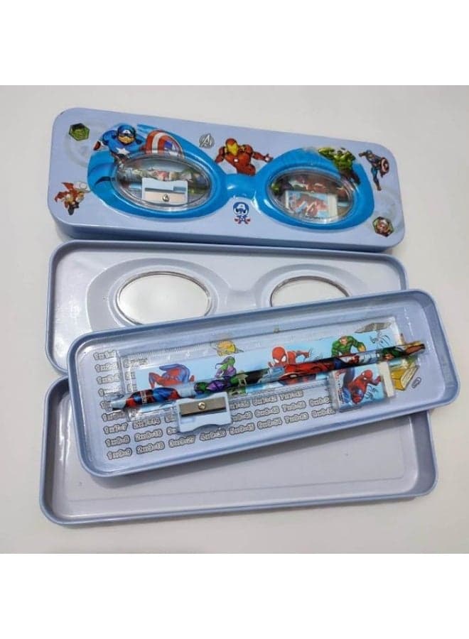 Two-tier metal pencil case set for boys featuring a superhero design; includes an eraser, pencil, sharpener, and ruler. Made from durable materials and suitable as a gift.