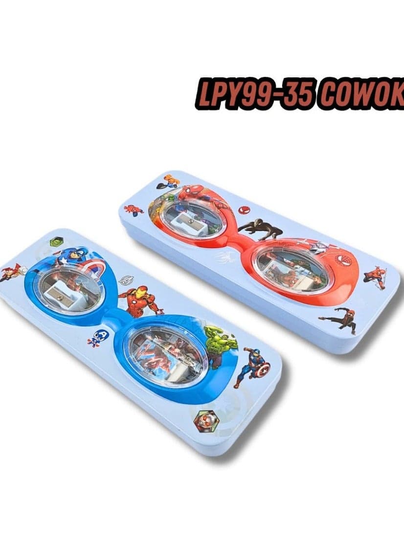 Two-tier metal pencil case set for boys featuring a superhero design; includes an eraser, pencil, sharpener, and ruler. Made from durable materials and suitable as a gift. (2)