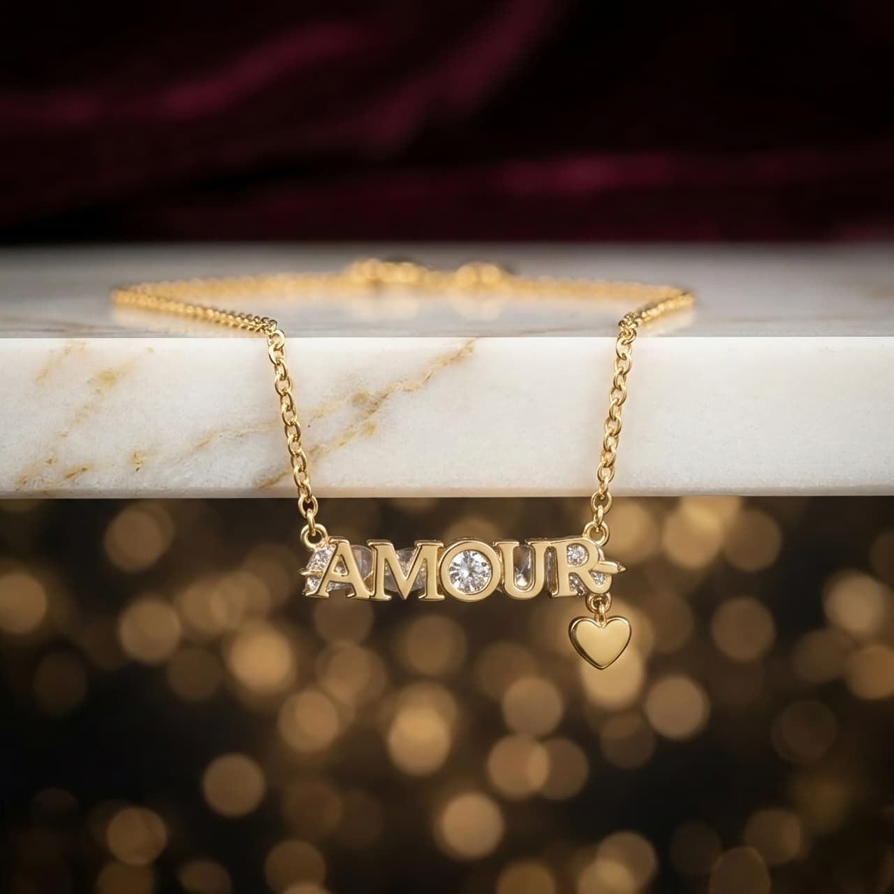 An elegant gold necklace made of rust-resistant stainless steel, studded with the word AMOUR and sparkling zircon stones with a delicate gold heart pendant, and an adjustable clasp to fit you. Women's Necklaces (٦)