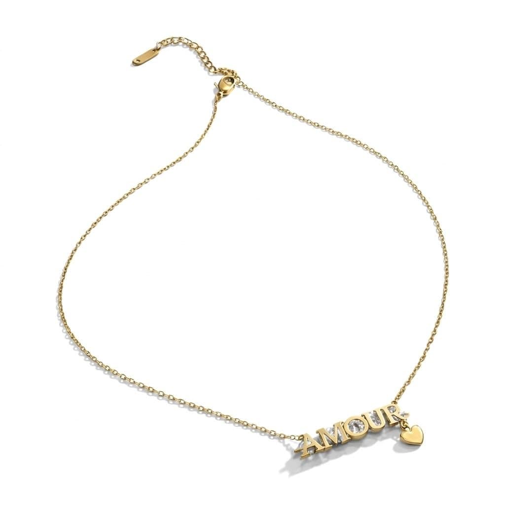 An elegant gold necklace made of rust-resistant stainless steel, studded with the word AMOUR and sparkling zircon stones with a delicate gold heart pendant, and an adjustable clasp to fit you. Women's Necklaces (٢)