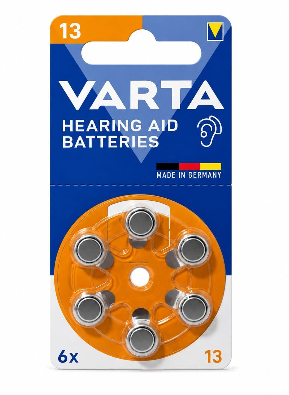Hearing Aid Batteries, Yellow Type 13 , PR48 , 1.45V , 6 pes, Custom Made, high hearing level, mercury-free, Made in Germany