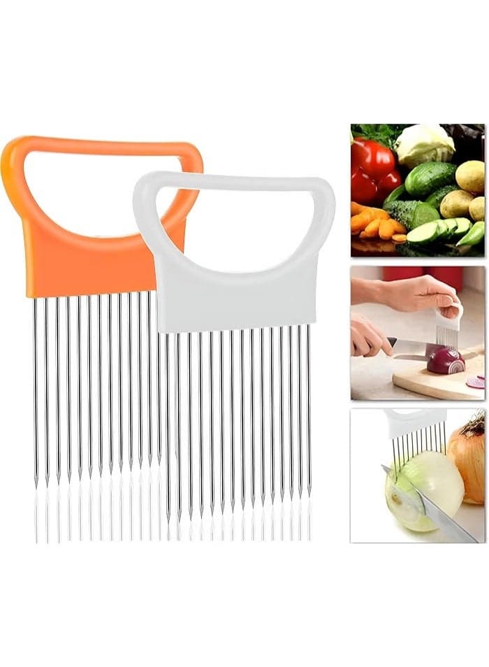 An onion holder that helps secure onions and vegetables while slicing for even cuts and safer food preparation. Kitchen Cutters