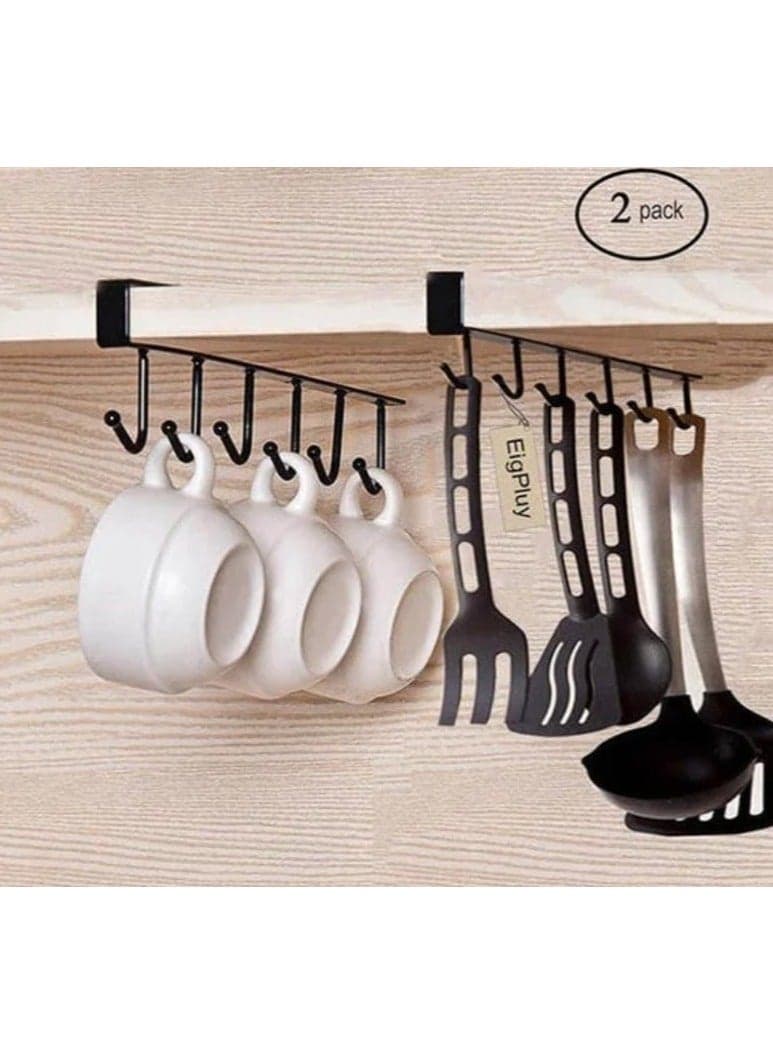 Pack of 2. Under Cabinet Kitchen Utensil Rack Hanger Bar with 6 Hooks Organizer Strip - Black