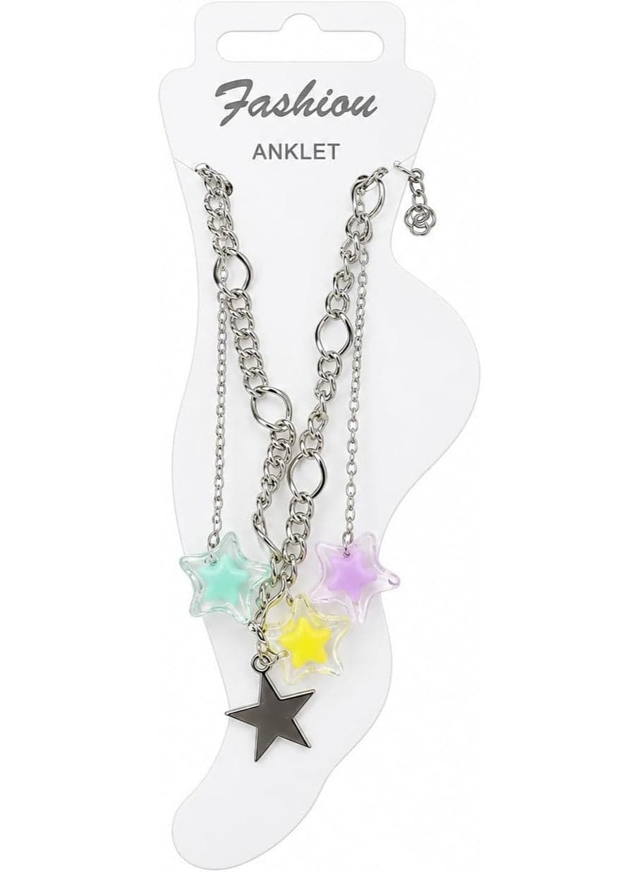 First Choice 2-Piece Silver Anklet Set for Women & Girls, Layered Chain with Colorful Acrylic Star Charms, Adjustable Summer Beach Foot Jewelry (2)