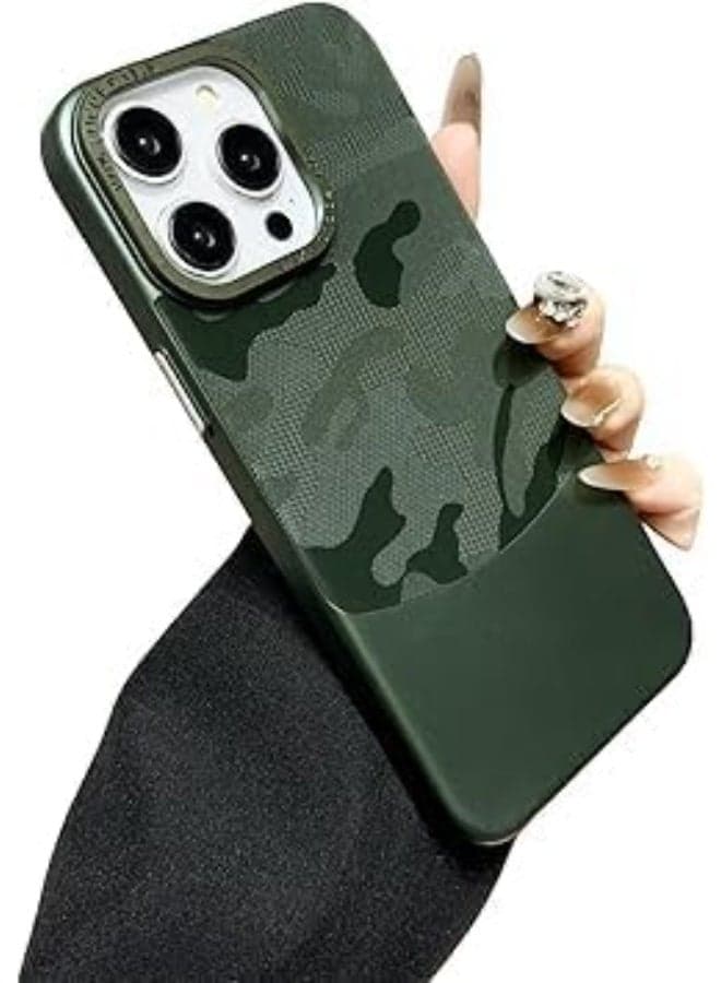 Fekra Luxury Camouflage Hard PC Case For iPhone 15 pro Metal Lens protection Matte shockproof Back cover (Pine green, iphone 15 pro)