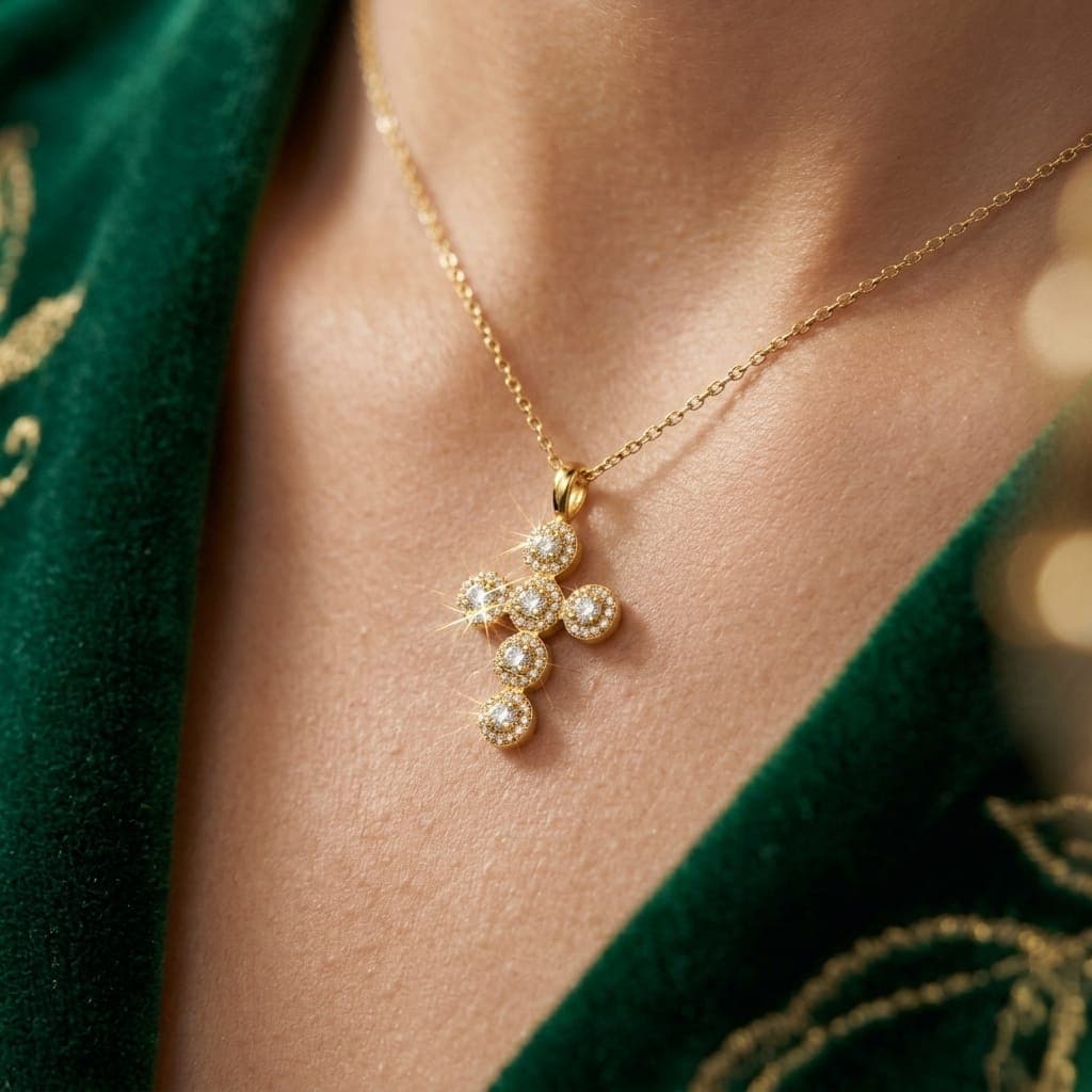 A cross pendant (without chain) in elegant gold, featuring a unique design of circles fully studded with sparkling zircon stones, giving you a luxurious and attractive look. Women's Necklaces (٢)