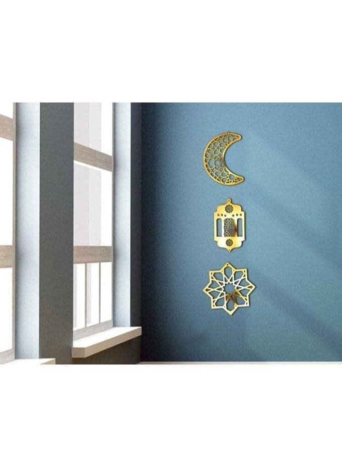 Ramadan Wooden Crescent Lantern Star Gold Pendant Decorative Swags (٣)
