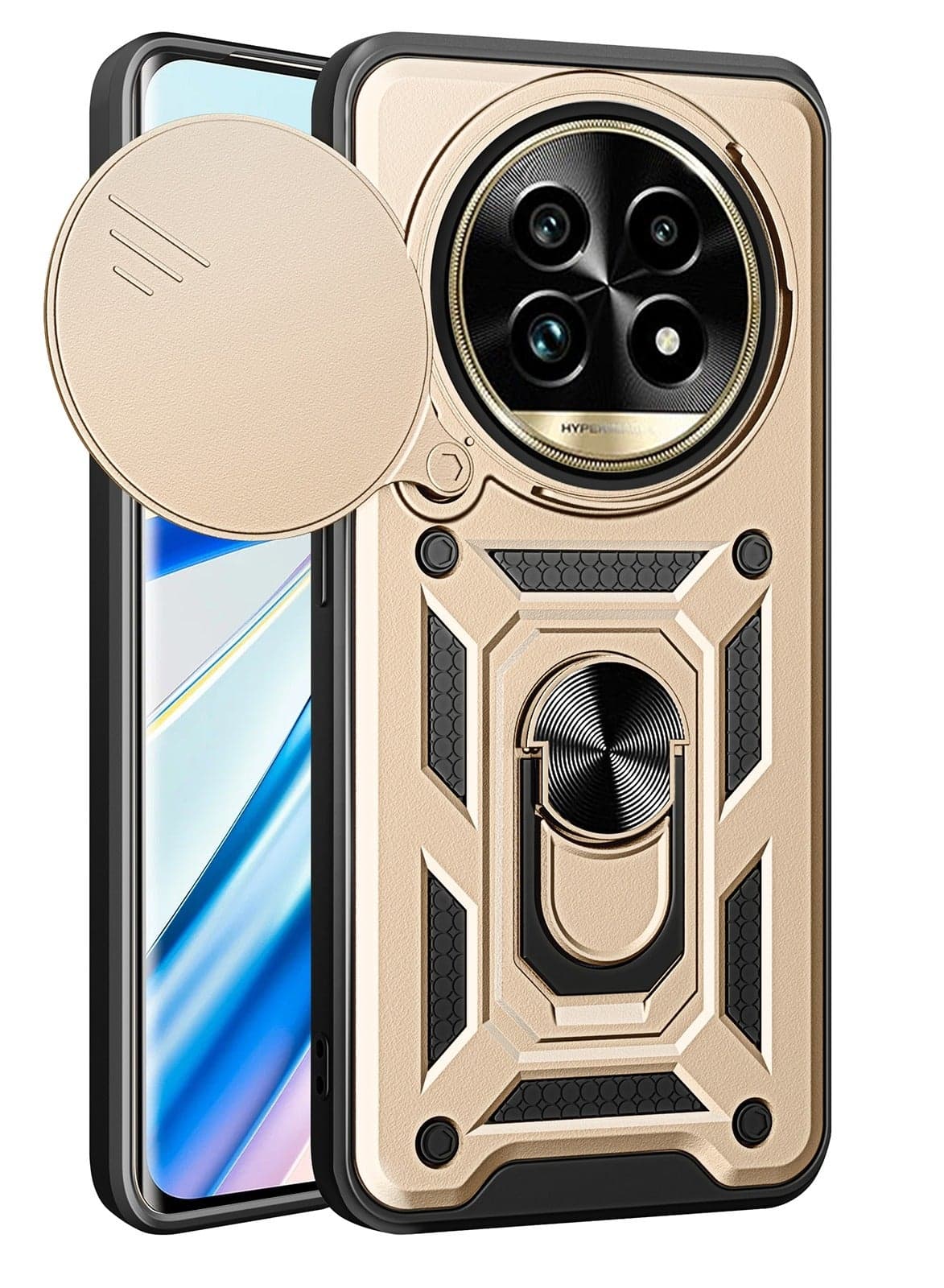 Case Cover Shockproof Windows Protective Case with Camera Protection and Metal Ring Compatible with Realme 13 Pro / Realme 13 Pro Plus (Gold)