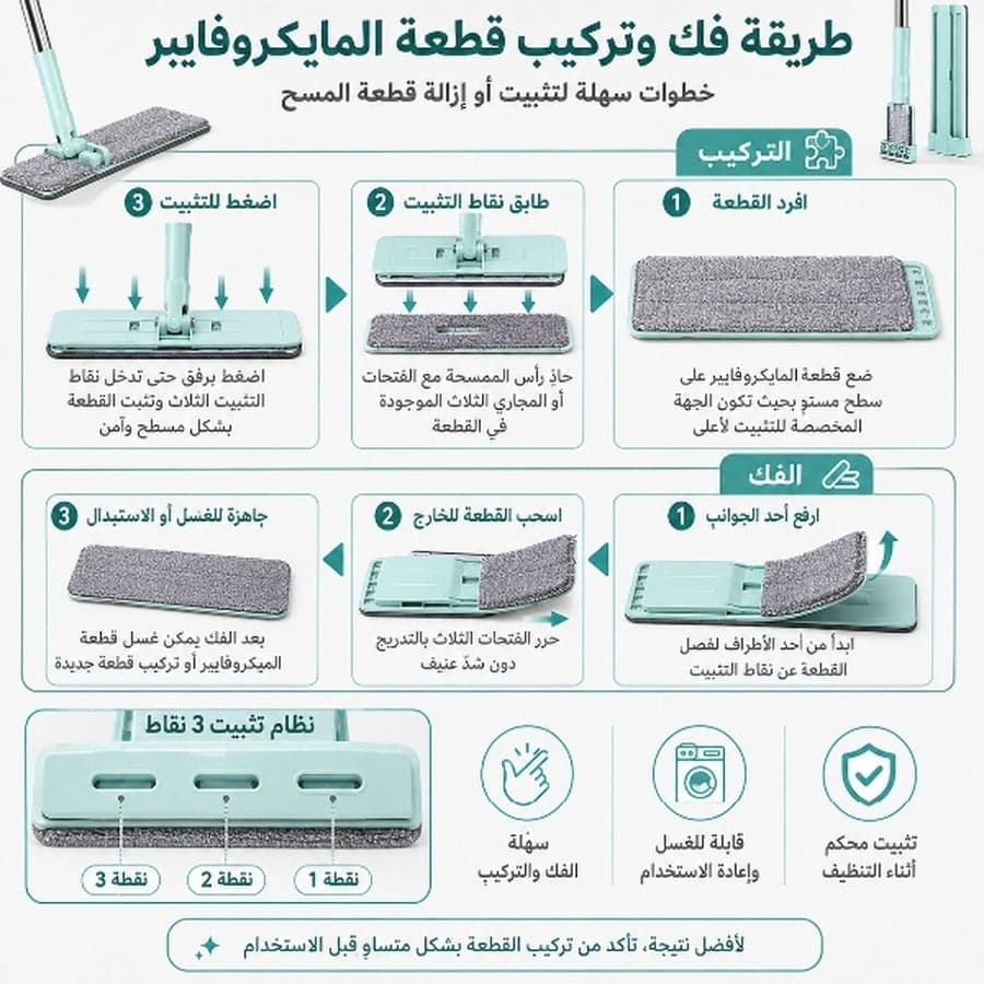 Self-Wringing Flat Mop with 2 Washable Microfiber Pads, 360° Rotating Head, Built-in Scraper & Metal Handle (5)
