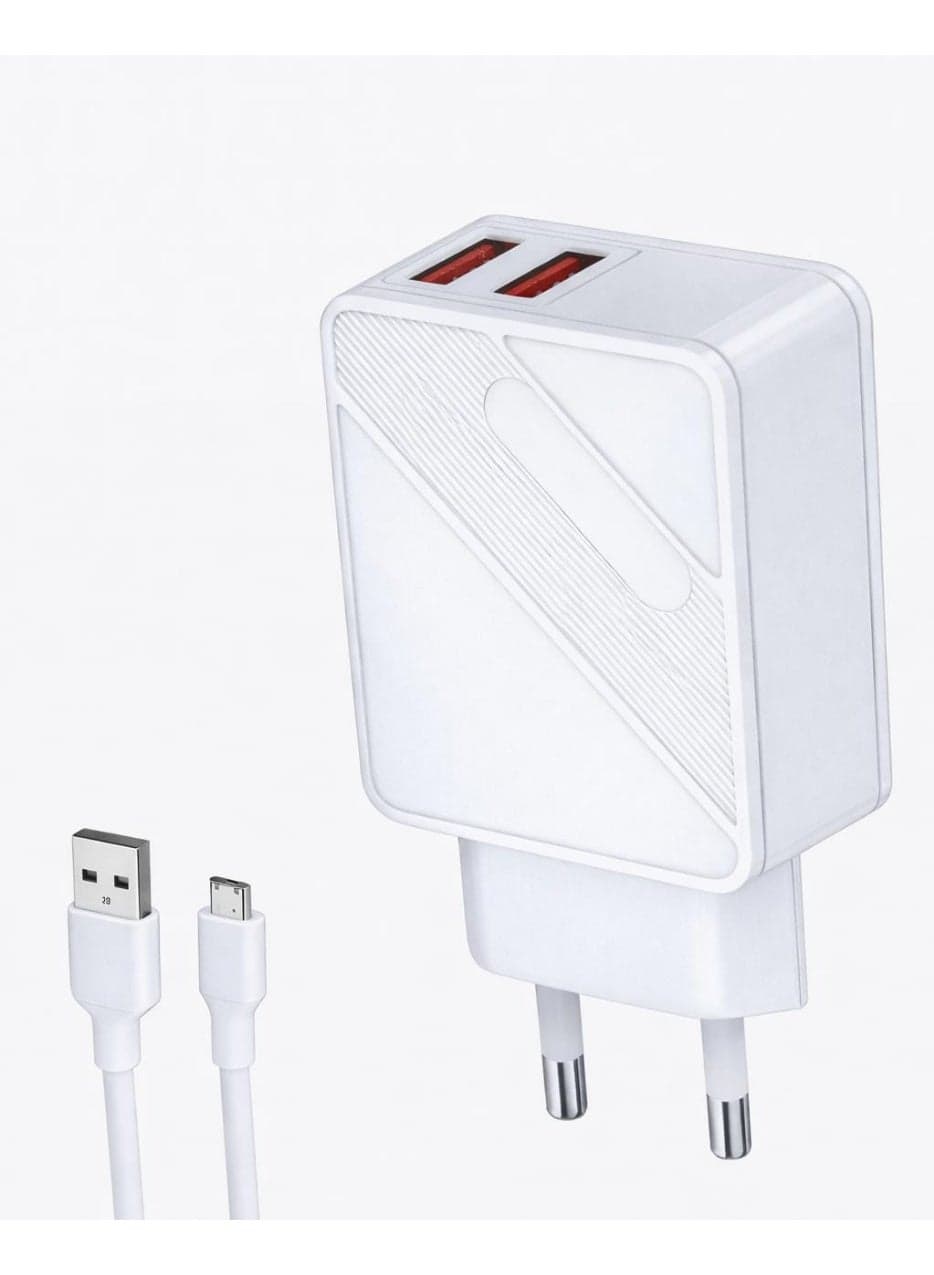 A fast charger compatible with mobile phones, equipped with two USB ports. It supports charging up to 3.4 amps, providing faster charging speeds for phones, tablets, and smart accessories. It comes with a durable and practical micro USB cable. Wall Chargers