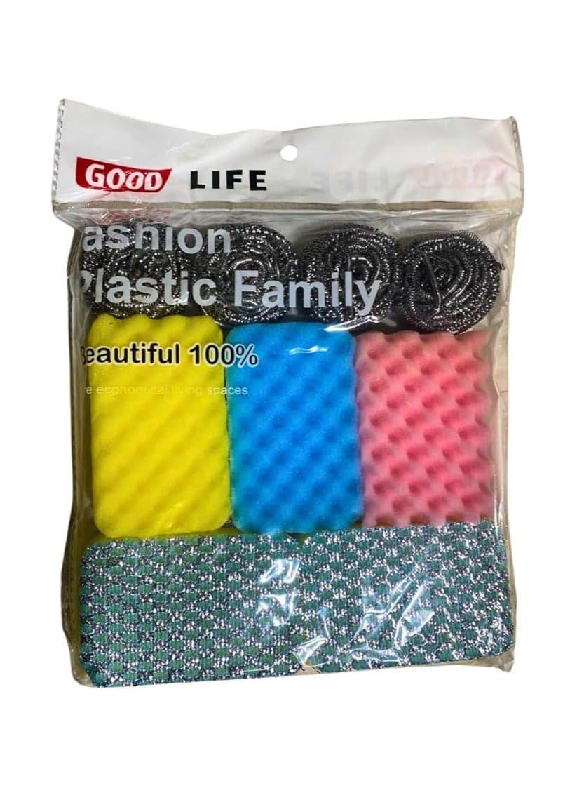 9 Piece Set of 4 Stainless Steel Wool Ball Scouring Pads, 3 Sponge Scouring Pads and 2 Wool Kitchen Utensils for Bowls, Pans and Dishes, Multicolor Household Cleaning Sponges