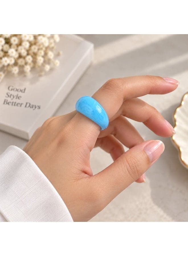 Chunky Acrylic Statement Ring for Women, Light Blue Marbled Design, Smooth Rounded Profile, Bold Fashion Ring for Everyday and Special Occasions Women's Rings