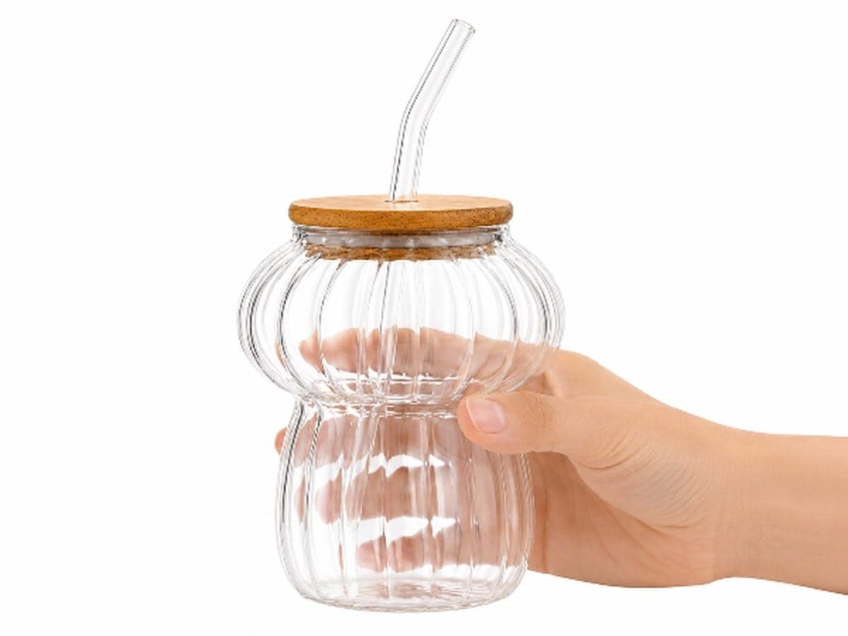 450ml Glass Cup with Wooden Lid & Glass Straw for Iced Coffee, Juice and Cold Drinks Coffee Mugs