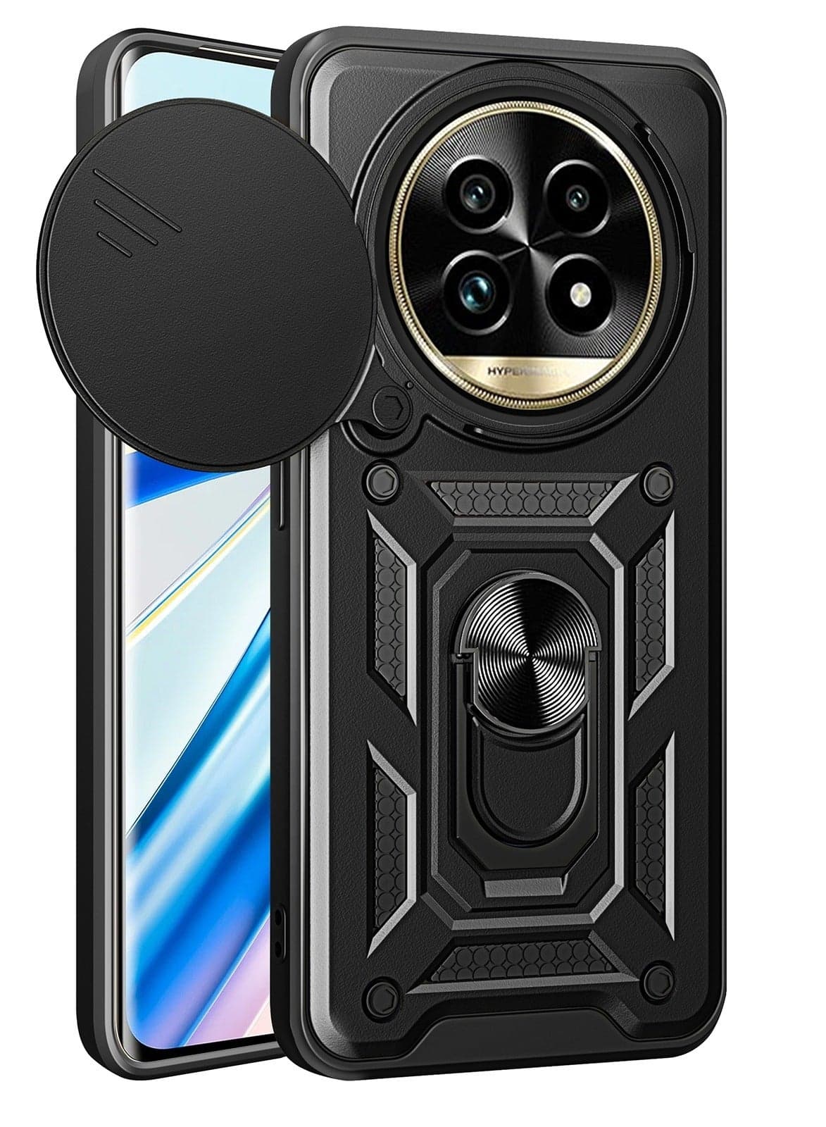 Case Cover Shockproof Windows Protective Case with Camera Protection and Metal Ring Compatible with Realme 13 Pro / Realme 13 Pro Plus (Black)