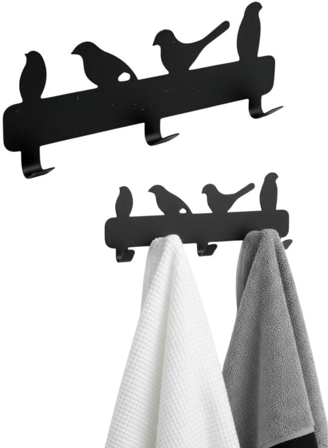 Multi-purpose adhesive metal wall organizer with 3 sturdy hooks – kitchen and bathroom utensil holder for hanging spoons, pots, pans, towels, and kitchen tools – decorative bird design – no drilling and easy to install