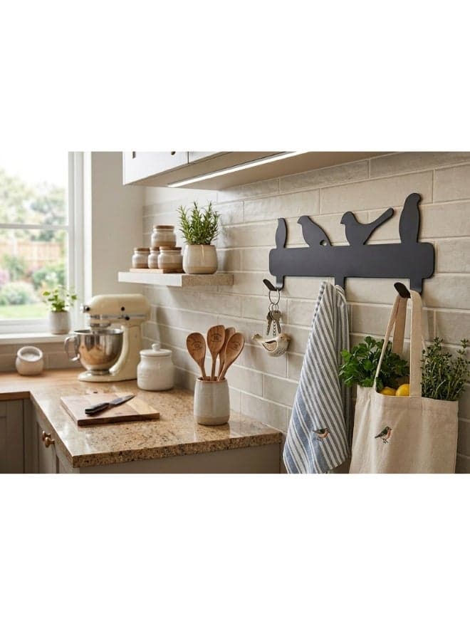 Multi-purpose adhesive metal wall organizer with 3 sturdy hooks – kitchen and bathroom utensil holder for hanging spoons, pots, pans, towels, and kitchen tools – decorative bird design – no drilling and easy to install (٣)