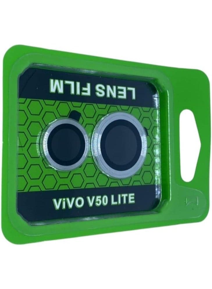 Camera lens protector made of tempered glass with 9H hardness and an ultra-thin lens protection cover made of aluminum alloy, compatible with Vivo V50 Lite 5G mobile cases, black (silver)