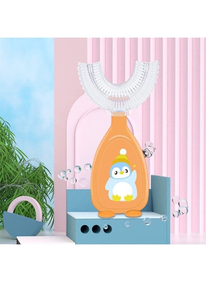 U-shaped children's toothbrush with a cute silicone penguin handle. (٥)