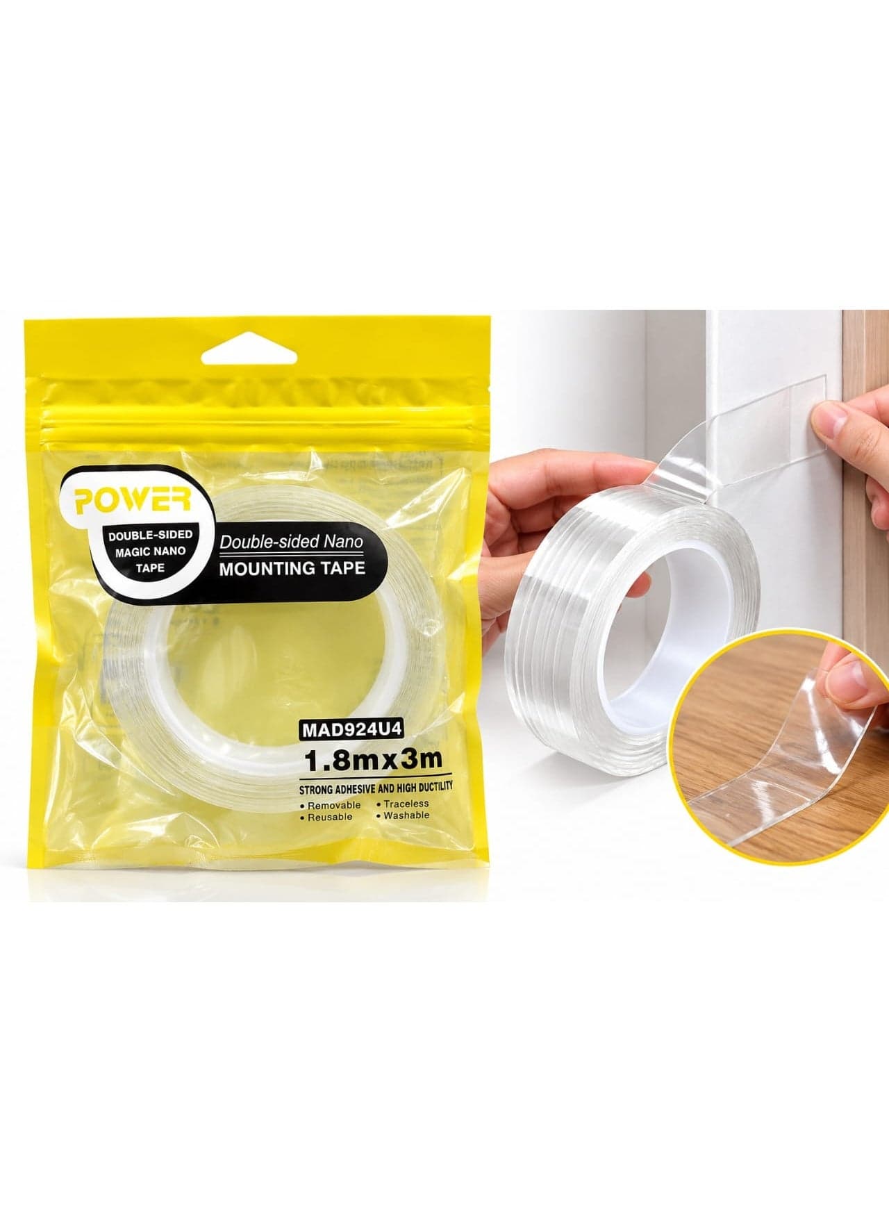 Transparent double-sided Nano adhesive tape; versatile, strong-bonding, removable, and reusable; 3 meters long and 1.8 cm wide.
