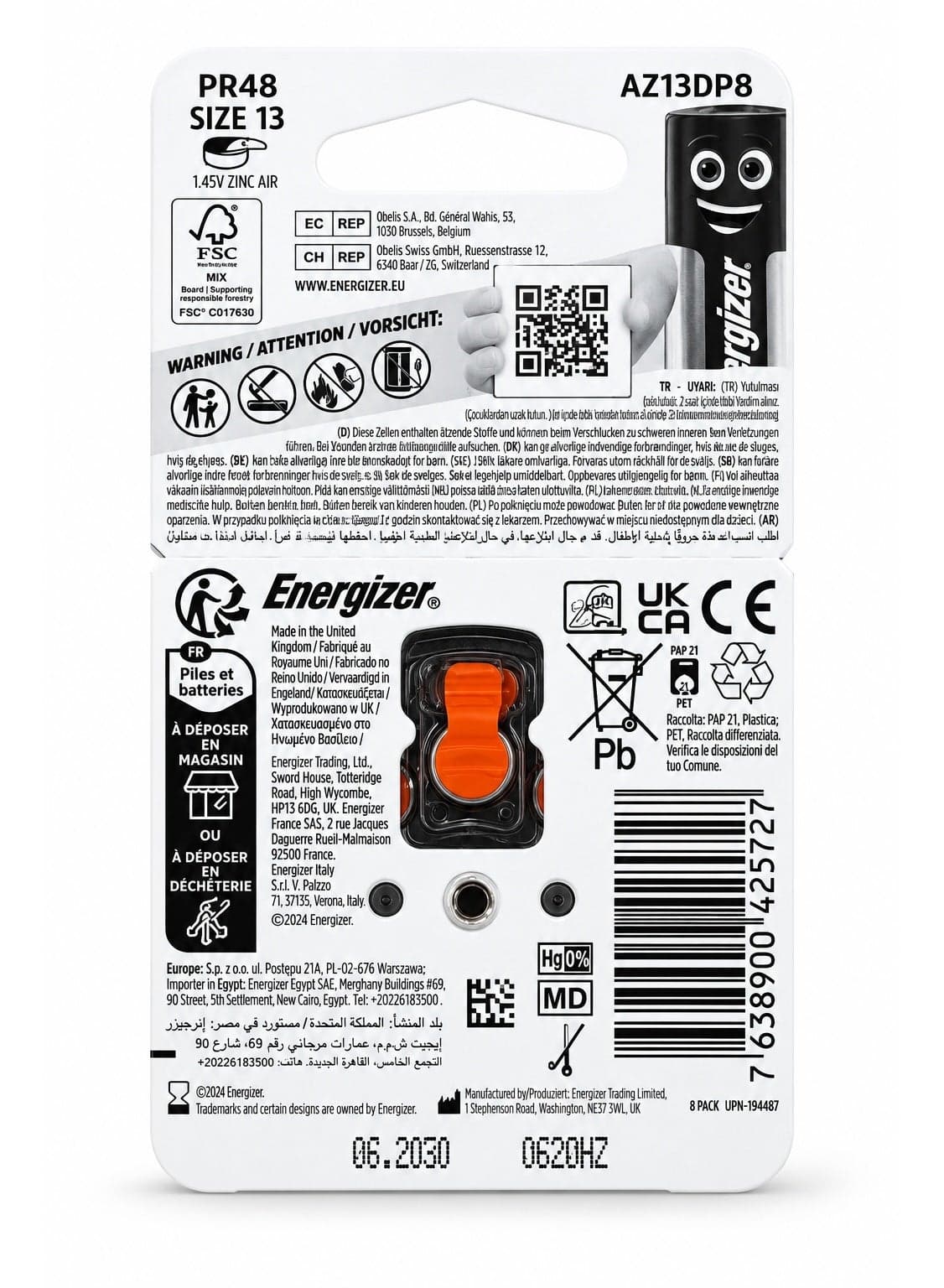 Model AZ13DP8 13 / PR48 Zinc Air Hearing Aid Batteries – 1.45V, 8-Pack, 0% Mercury, Long-Lasting Reliable Power (2)