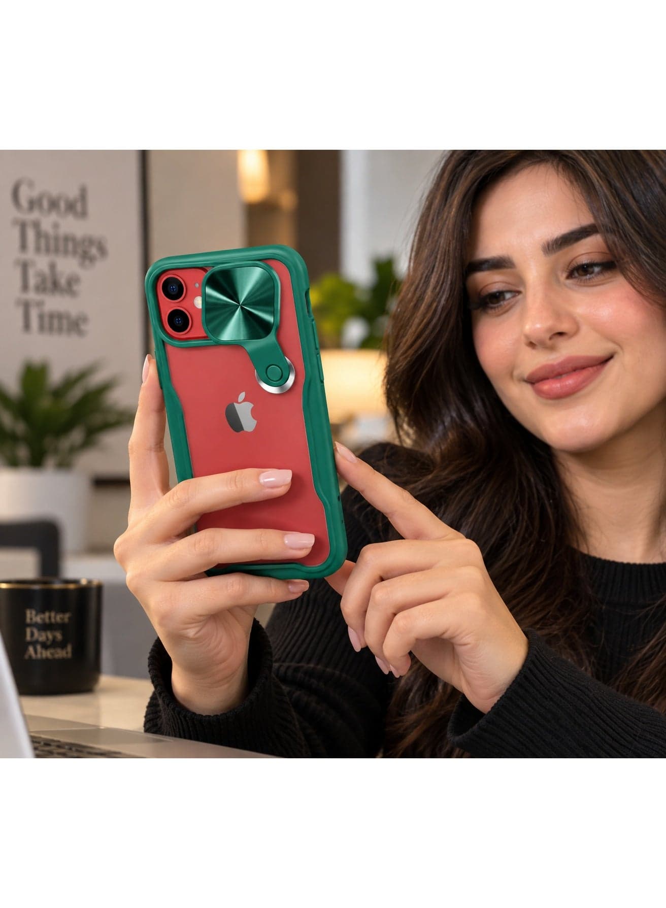 Official Nillkin Cyclops Series Protective Case for iPhone 12 mini (5.4") with Sliding Camera Cover & Integrated Ring Kickstand - Emerald Green (٤)