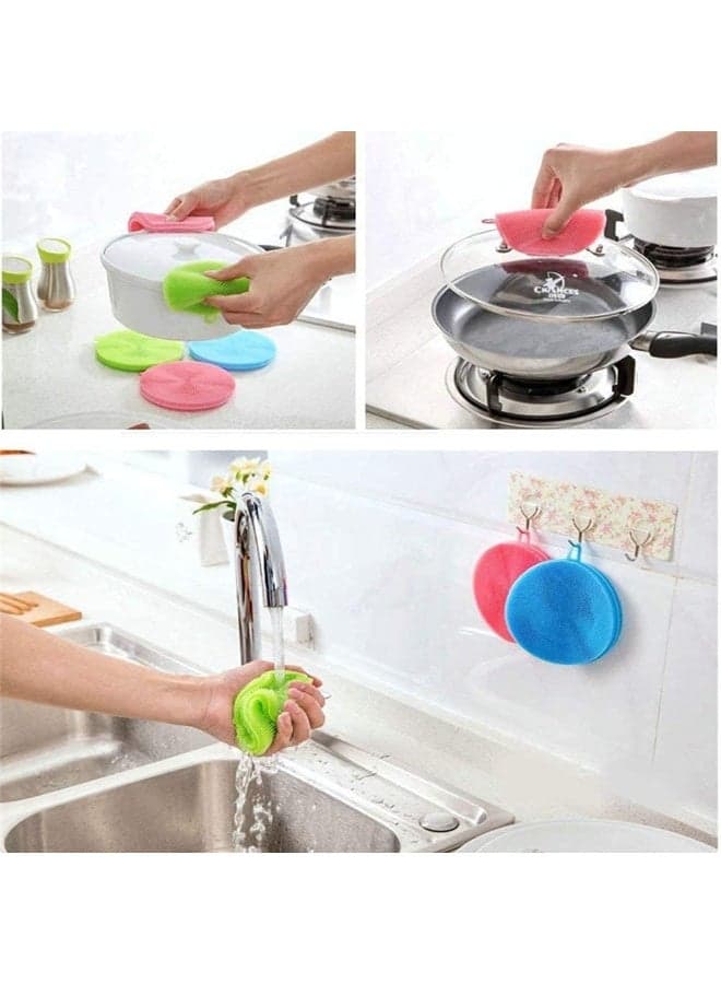 Silicone Washing Sponge Antibacterial Silicone Dish Scrubber Fruit and Vegetable Washing Brush Round Scrubber Pad Multipurpose - 4 Piece Household Cleaning Sponges (٤)