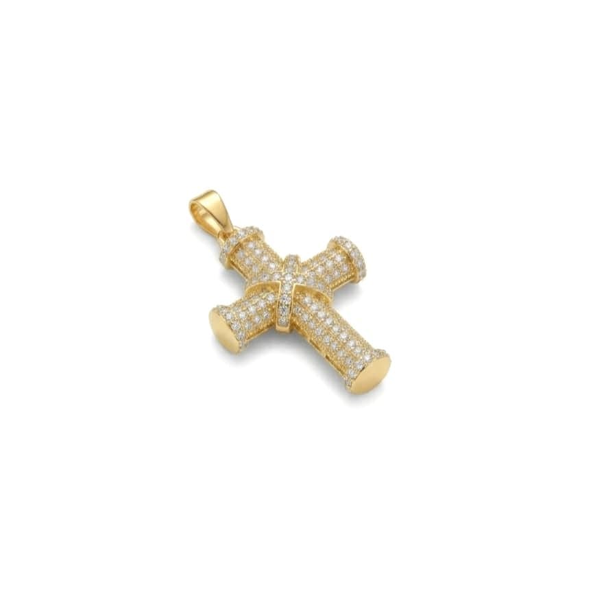 A cross pendant (without chain) in elegant gold, featuring a four-dimensional cylindrical design, fully studded with zircon stones arranged with extreme precision and exceptional luxury. Women's Necklaces